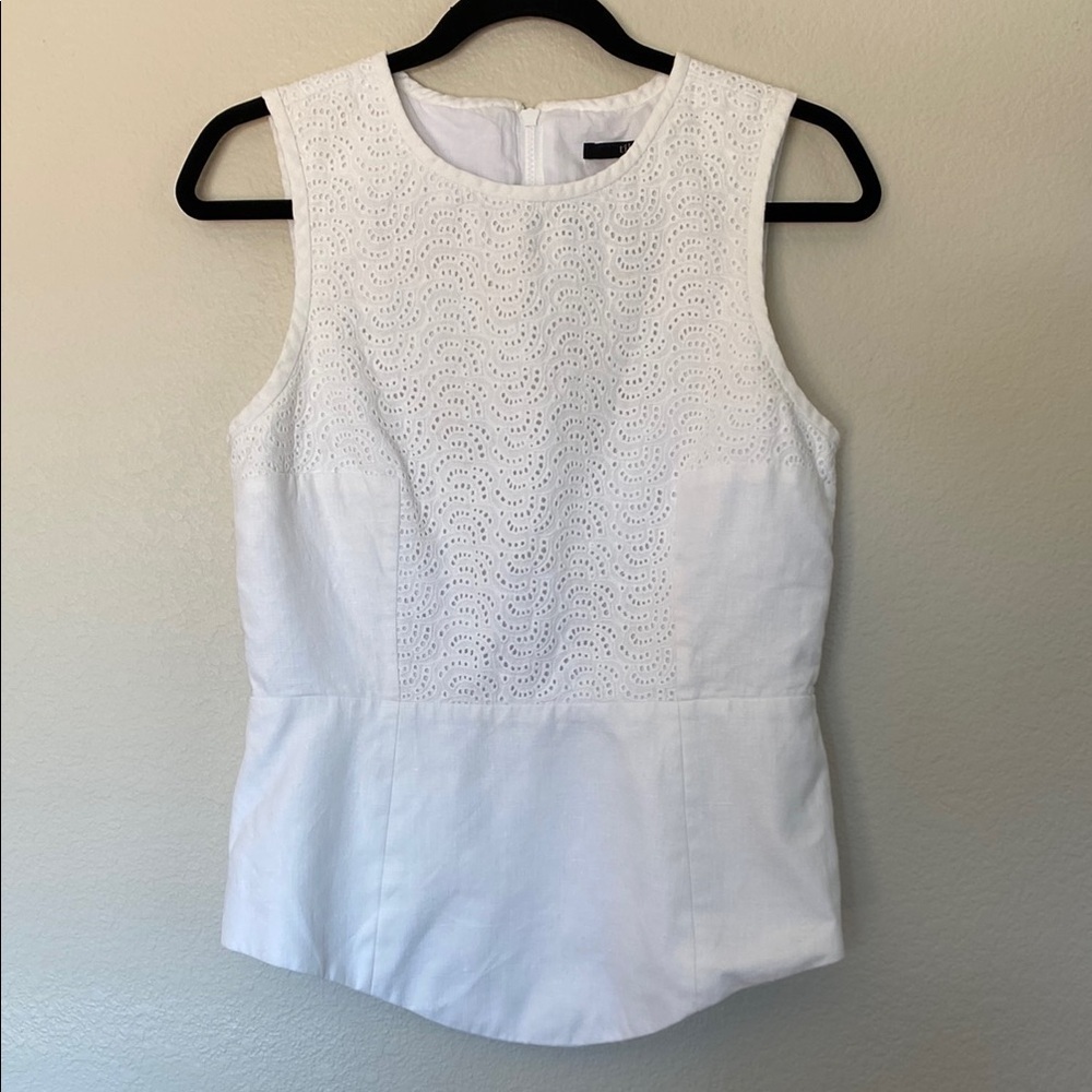 Tibi white eyelet tank blouse women’s 8 peplum zip back EUC